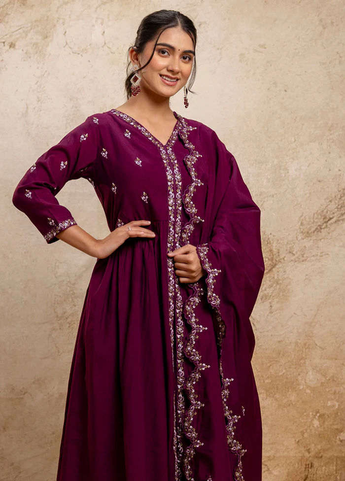 3 Pc Purple Readymade Silk Dupatta Suit Set - Image 2