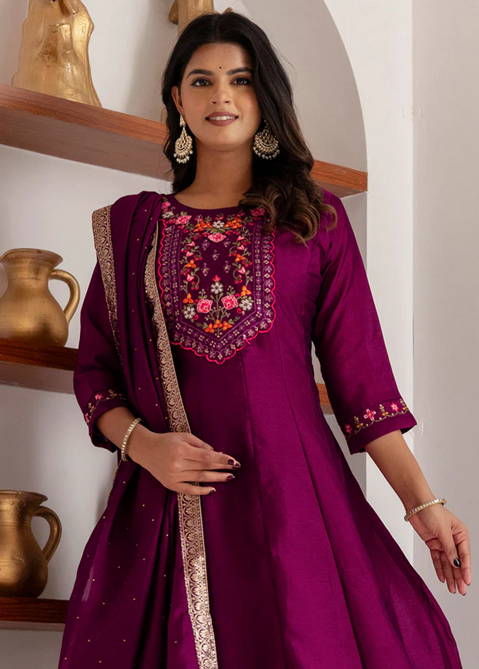 3 Pc Purple Readymade Silk Dupatta Suit Set - Image 2