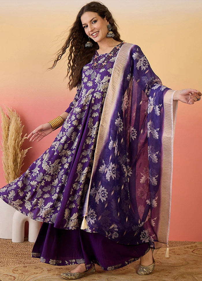 3 Pc Purple Readymade Silk Dupatta Suit Set