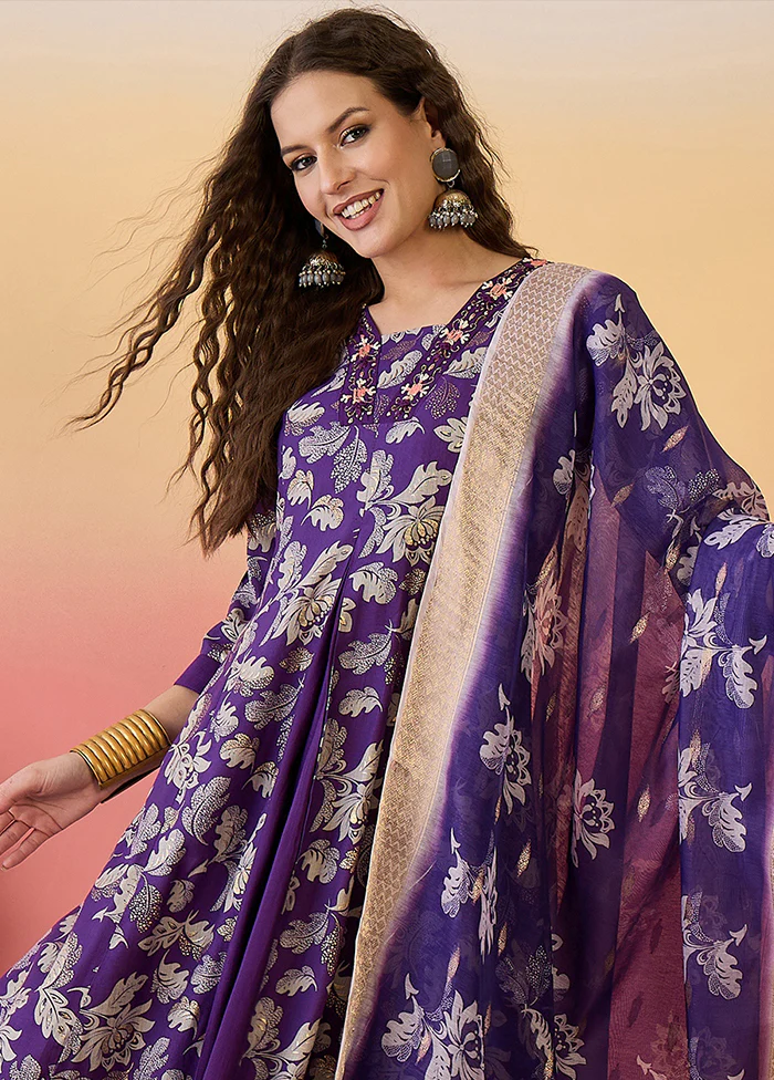 3 Pc Purple Readymade Silk Dupatta Suit Set - Image 2