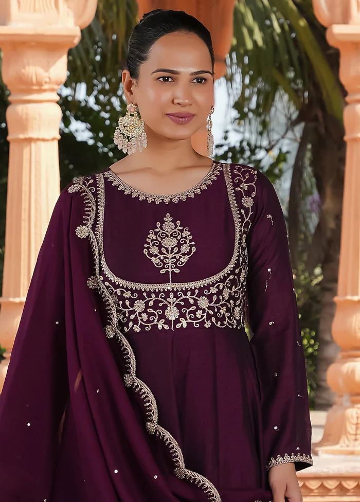 3 Pc Purple Readymade Silk Dupatta Suit Set - Image 2