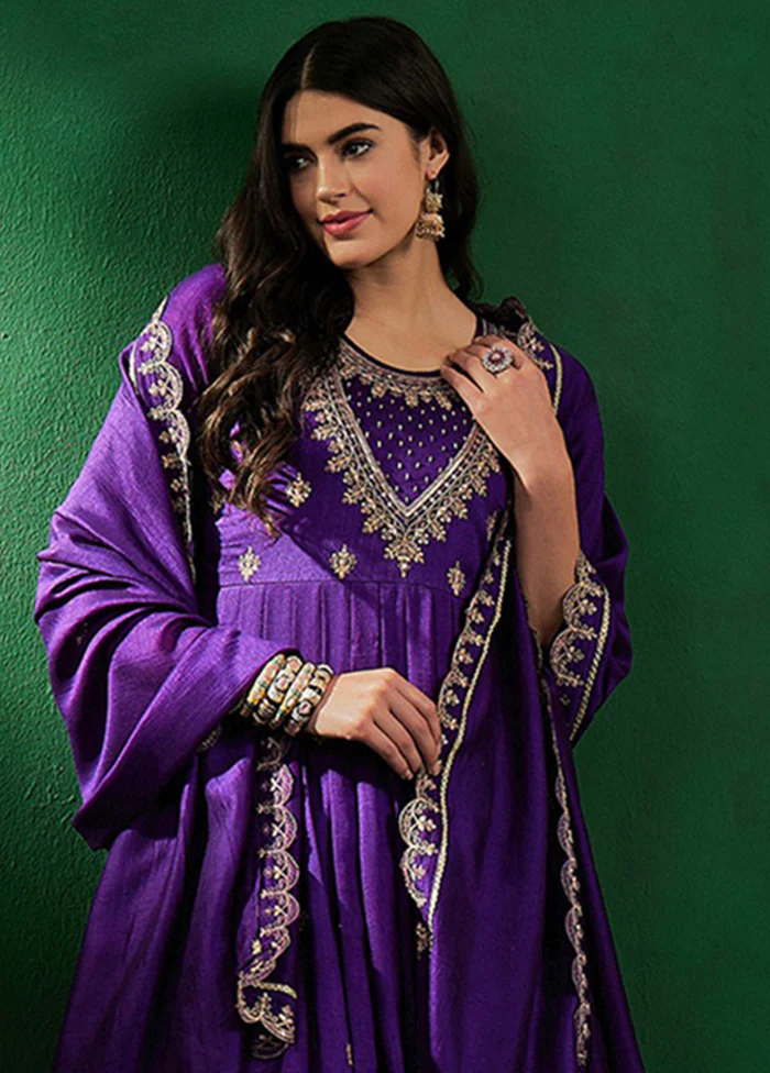 3 Pc Purple Readymade Silk Dupatta Suit Set - Image 2