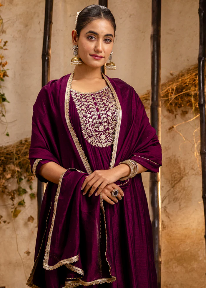 3 Pc Purple Readymade Silk Dupatta Suit Set - Image 2