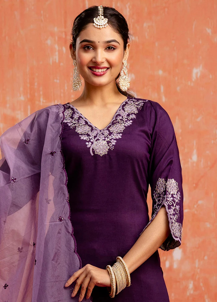 3 Pc Purple Readymade Silk Dupatta Suit Set - Image 2
