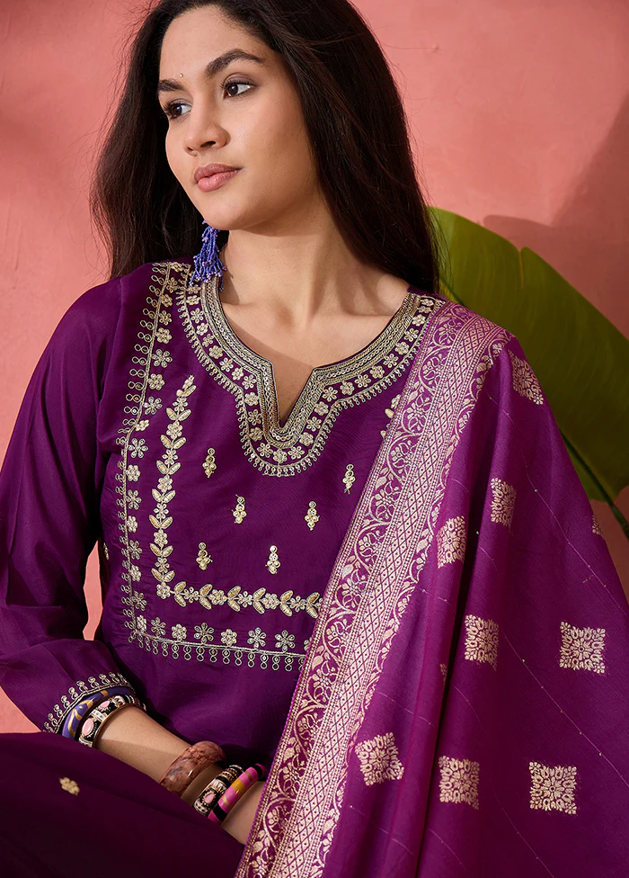 3 Pc Purple Readymade Silk Dupatta Suit Set - Image 2
