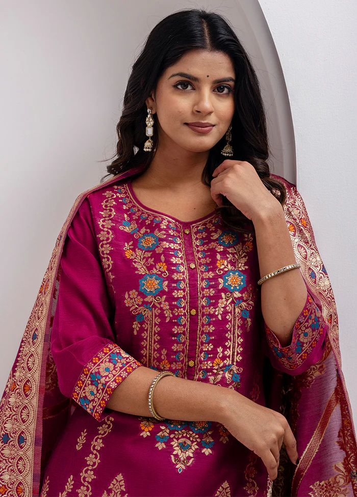3 Pc Purple Readymade Silk Dupatta Suit Set - Image 2