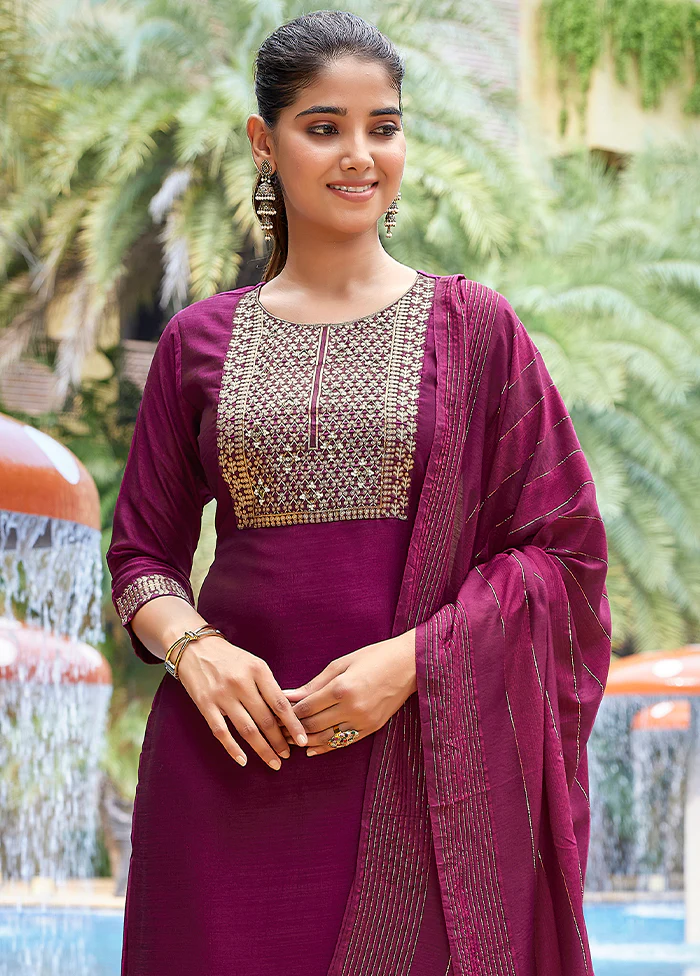 3 Pc Purple Readymade Silk Dupatta Suit Set - Image 2