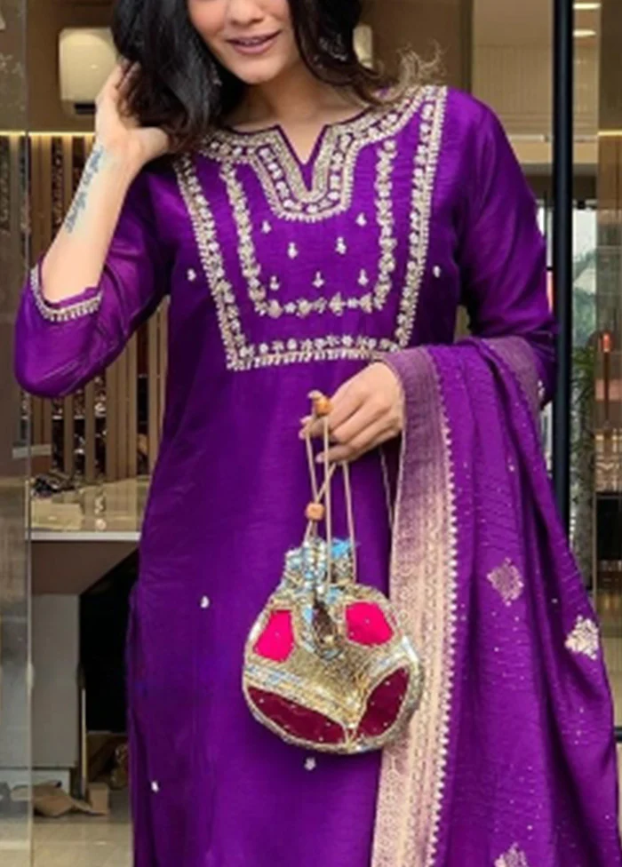 3 Pc Purple Readymade Viscose Dupatta Suit Set - Image 3