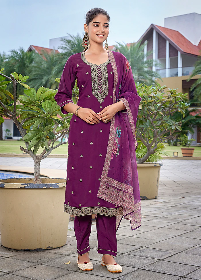 3 Pc Purple Readymade Viscose Dupatta Suit Set