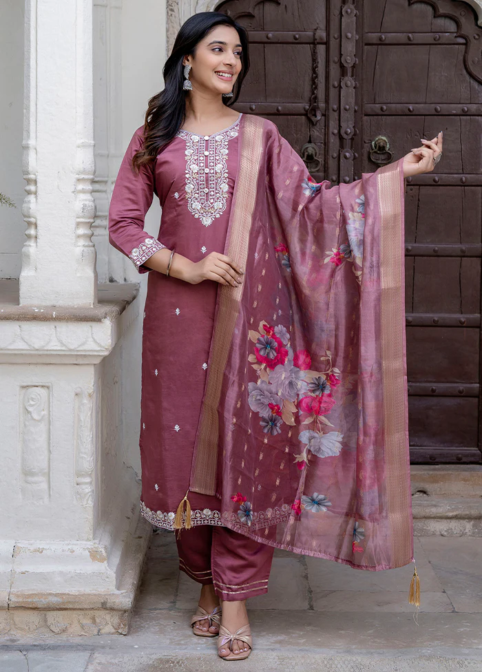 3 Pc Purple Readymade Viscose Dupatta Suit Set
