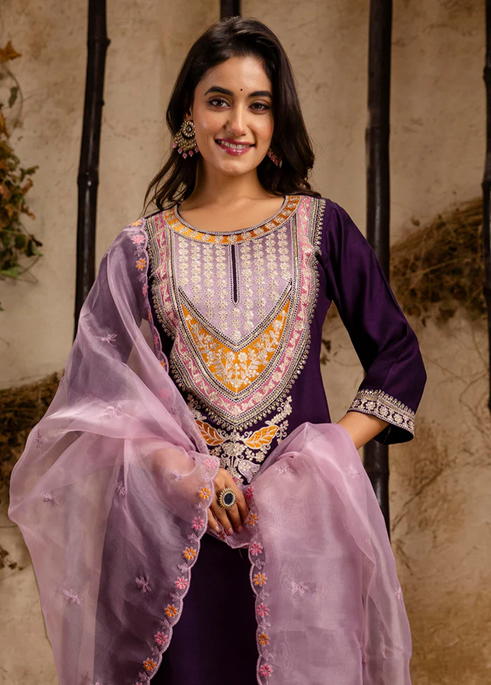 3 Pc Purple Readymade Viscose Dupatta Suit Set - Image 2