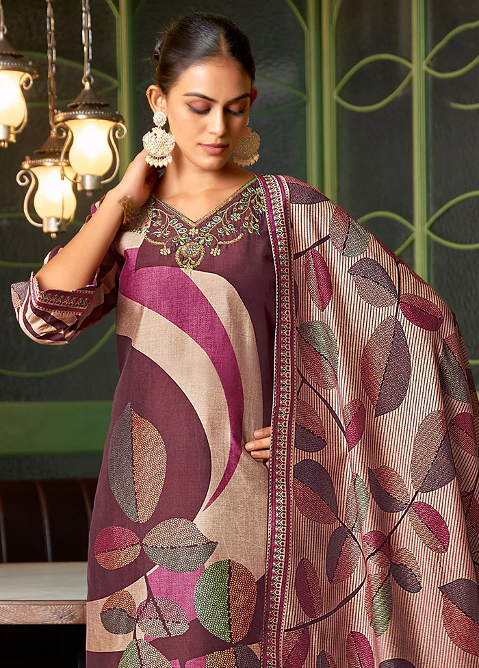 3 Pc Purple Readymade Viscose Dupatta Suit Set - Image 2