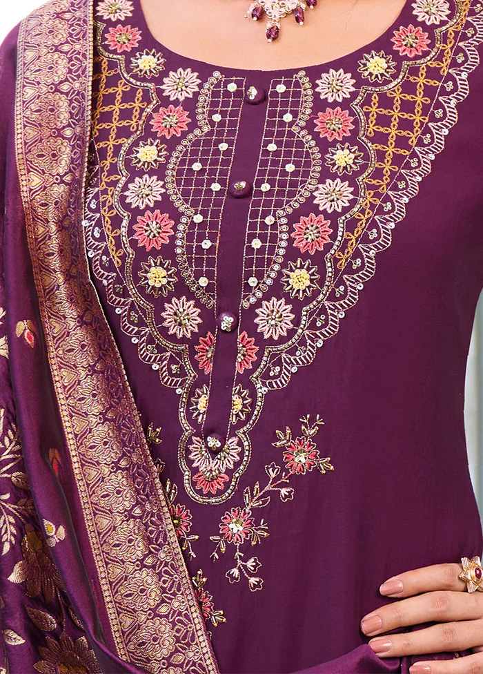 3 Pc Purple Readymade Viscose Dupatta Suit Set - Image 3