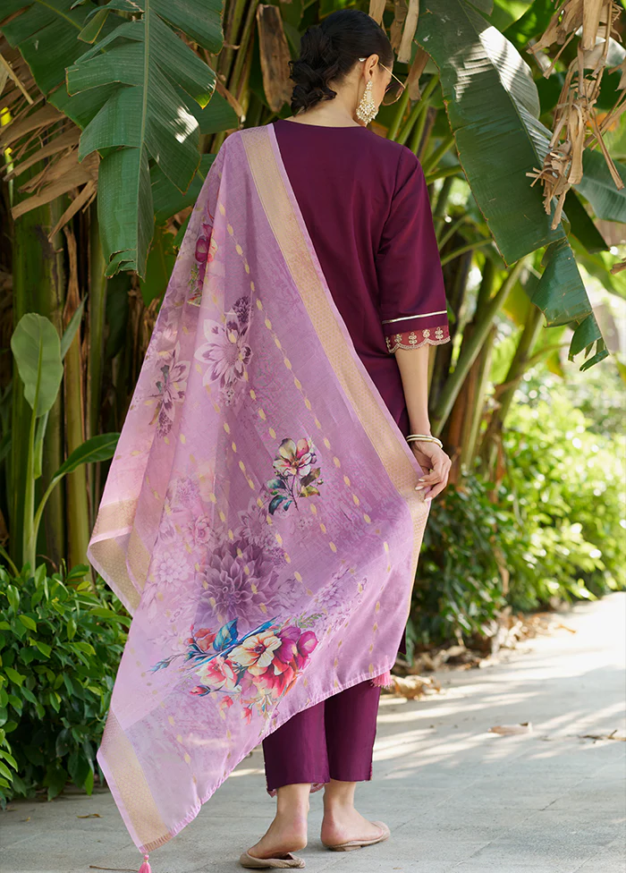 3 Pc Purple Readymade Viscose Dupatta Suit Set - Image 3