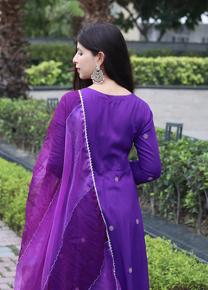 3 Pc Purple Readymade Viscose Dupatta Suit Set - Image 3