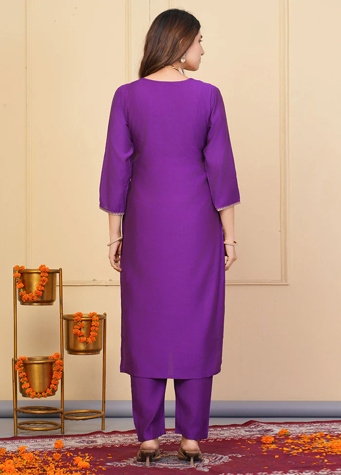3 Pc Purple Readymade Viscose Suit Set - Image 2