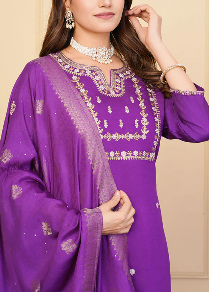 3 Pc Purple Readymade Viscose Suit Set - Image 3