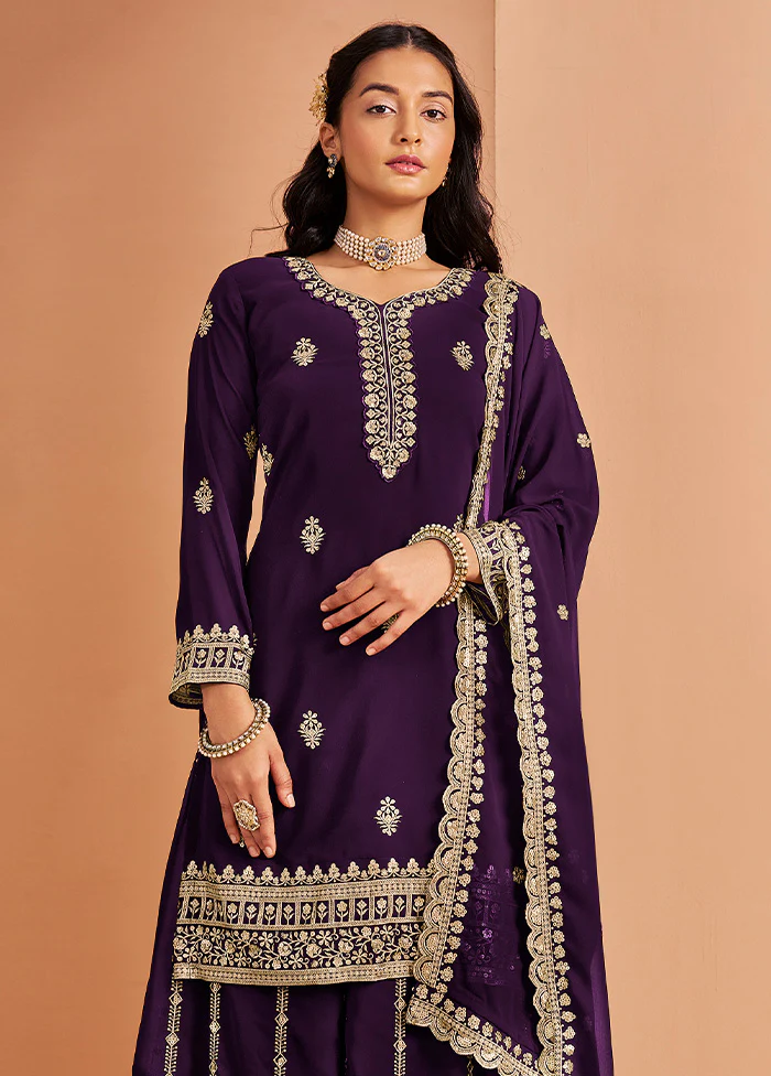 3 Pc Purple Semi Stitched Georgette Suit Set - Image 2