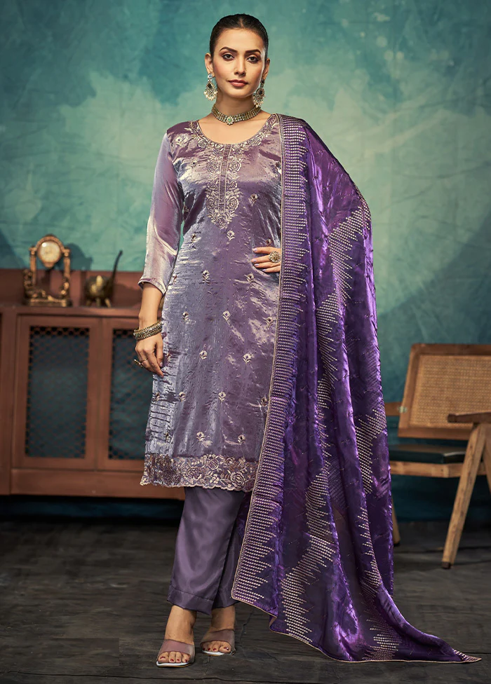 3 Pc Purple Semi Stitched Silk Dupatta Suit Set
