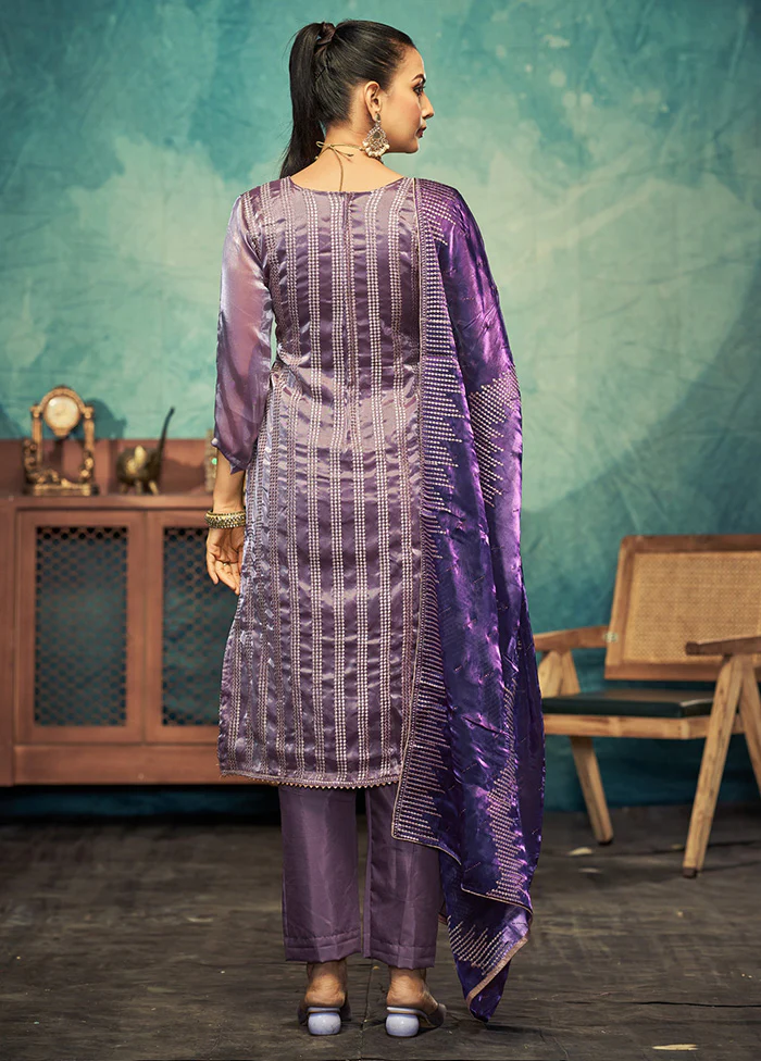 3 Pc Purple Semi Stitched Silk Dupatta Suit Set - Image 2
