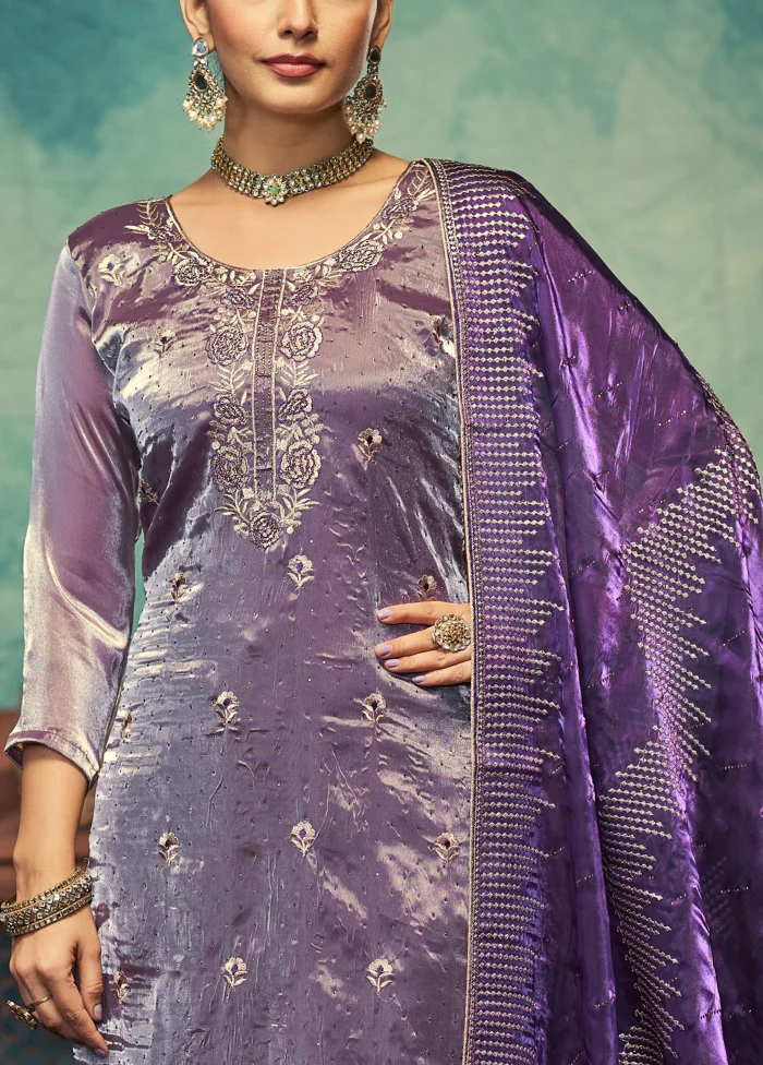 3 Pc Purple Semi Stitched Silk Dupatta Suit Set - Image 3