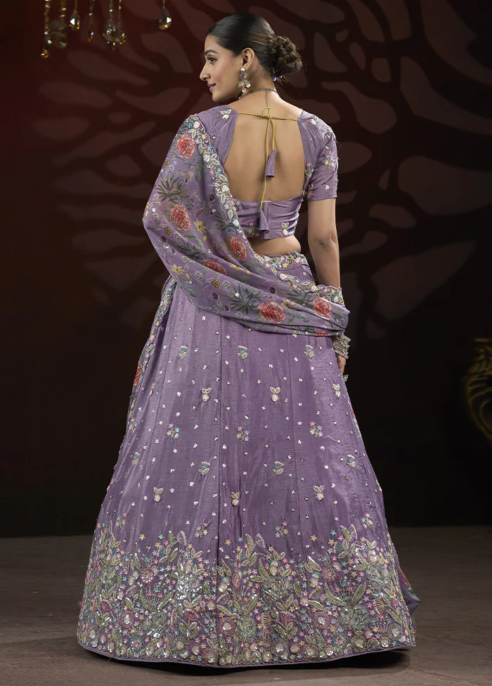 3 Pc Purple Silk Semi Stitched Lehenga Set - Image 2