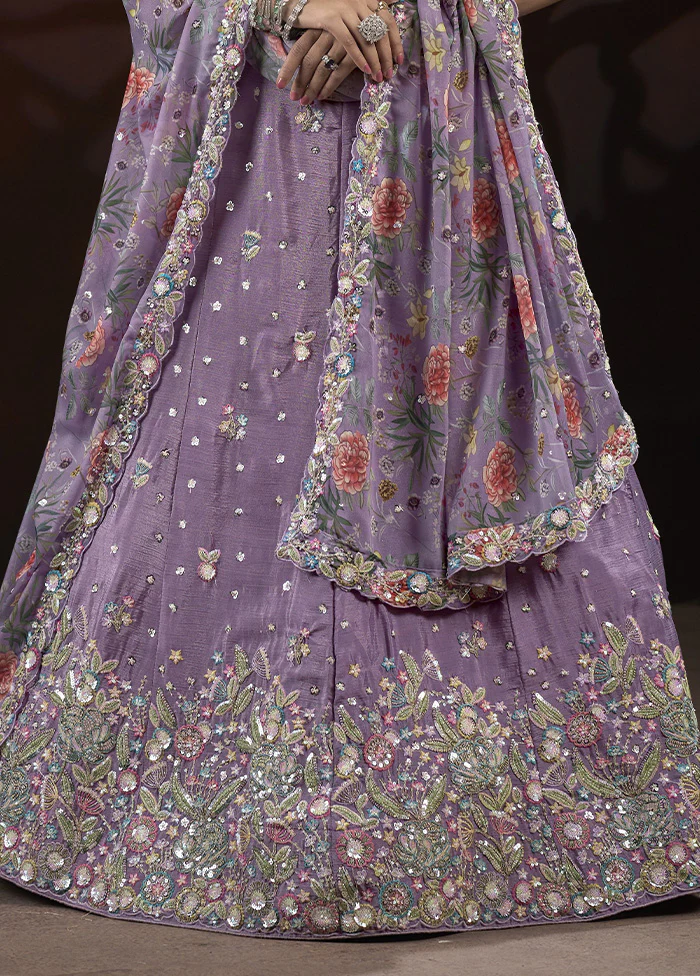 3 Pc Purple Silk Semi Stitched Lehenga Set - Image 3