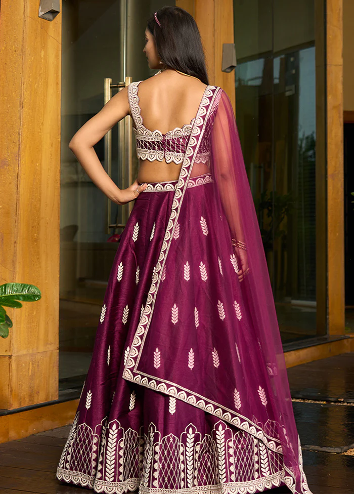 3 Pc Purple Silk Semi Stitched Lehenga Set - Image 2