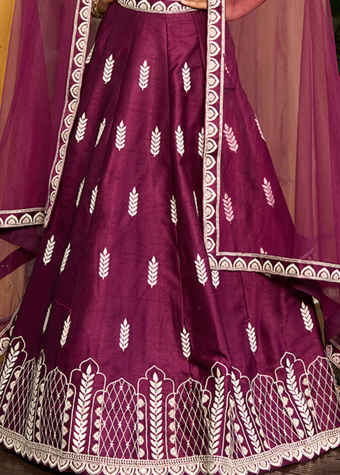 3 Pc Purple Silk Semi Stitched Lehenga Set - Image 3