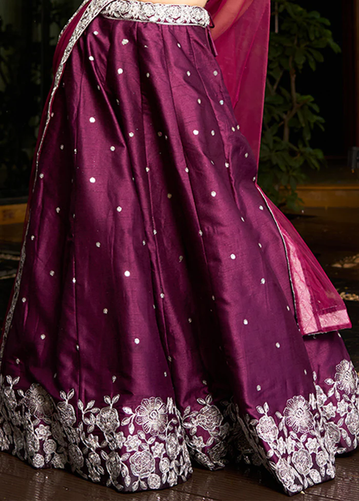 3 Pc Purple Silk Semi Stitched Lehenga Set - Image 2