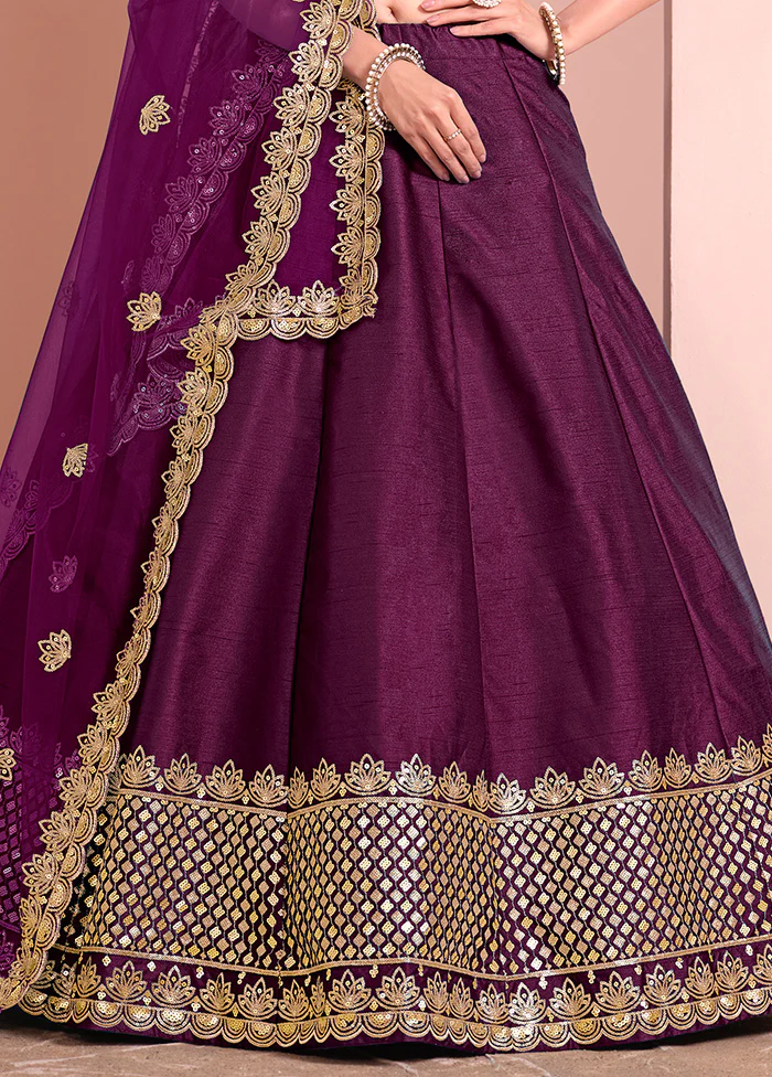 3 Pc Purple Silk Semi Stitched Lehenga Set - Image 3