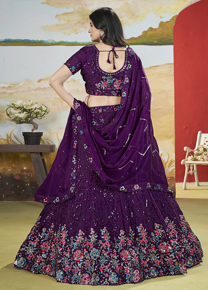 3 Pc Purple Silk Semi Stitched Lehenga Set - Image 2