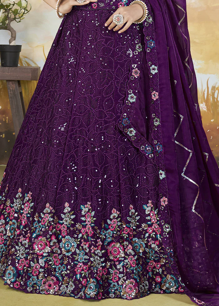 3 Pc Purple Silk Semi Stitched Lehenga Set - Image 3