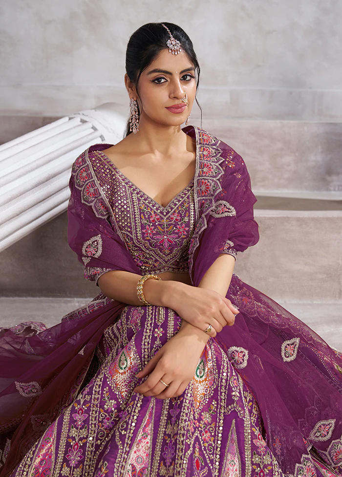 3 Pc Purple Silk Semi Stitched Lehenga Set - Image 2
