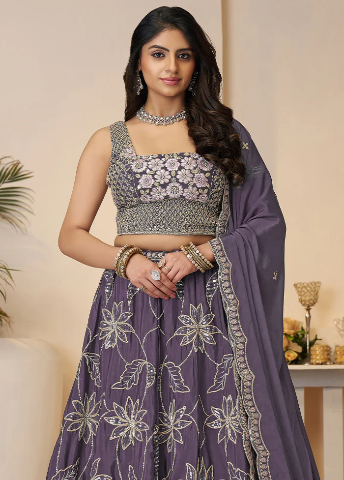 3 Pc Purple Silk Semi Stitched Lehenga Set - Image 2