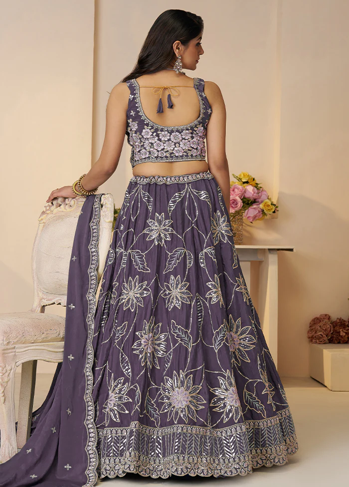 3 Pc Purple Silk Semi Stitched Lehenga Set - Image 3