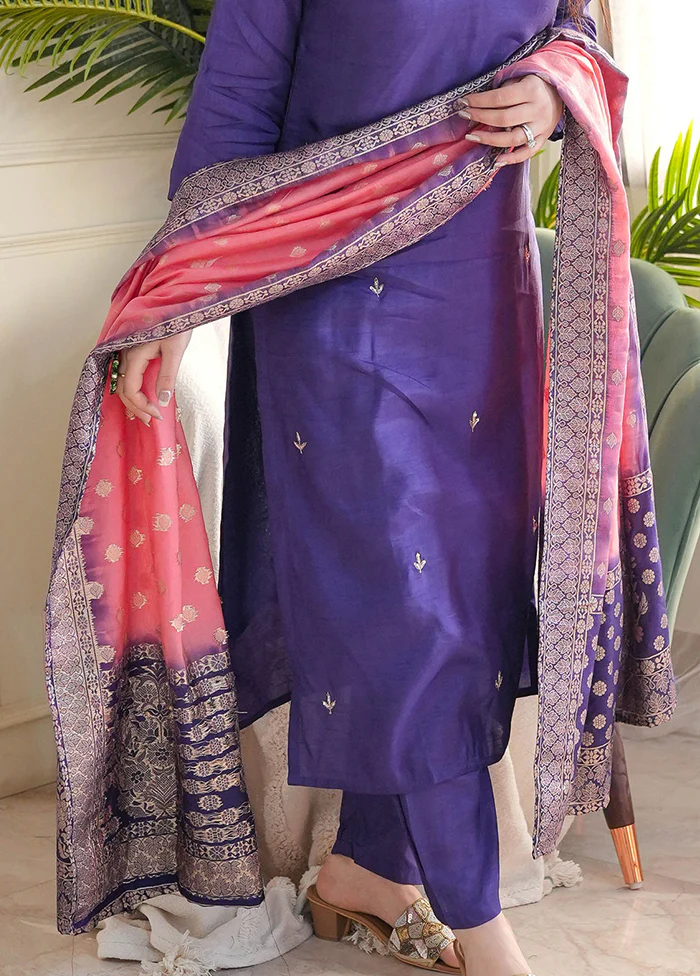 3 Pc Purple Silk Suit Set - Image 3