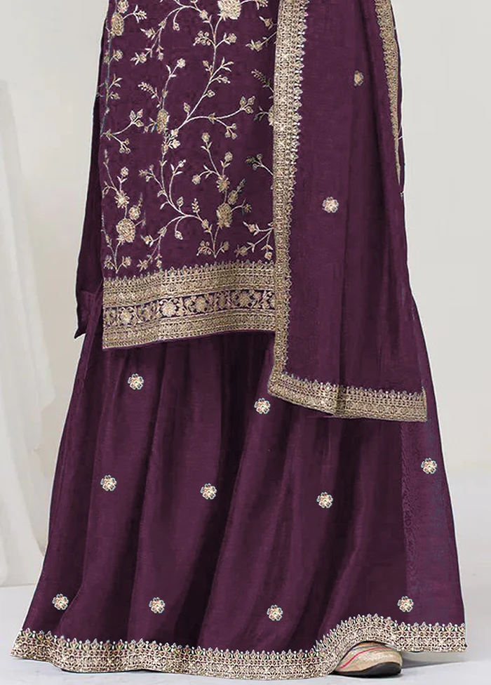 3 Pc Purple Silk Plazzo Suit Set - Image 3