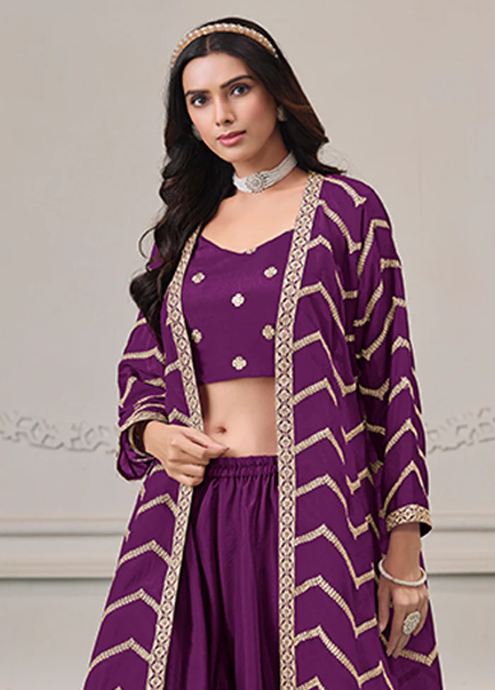 3 Pc Purple Plazzo Shurg Suits Set - Image 2