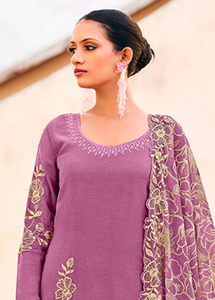 3 Pc Purple Silk Plazzo Suits Set - Image 2