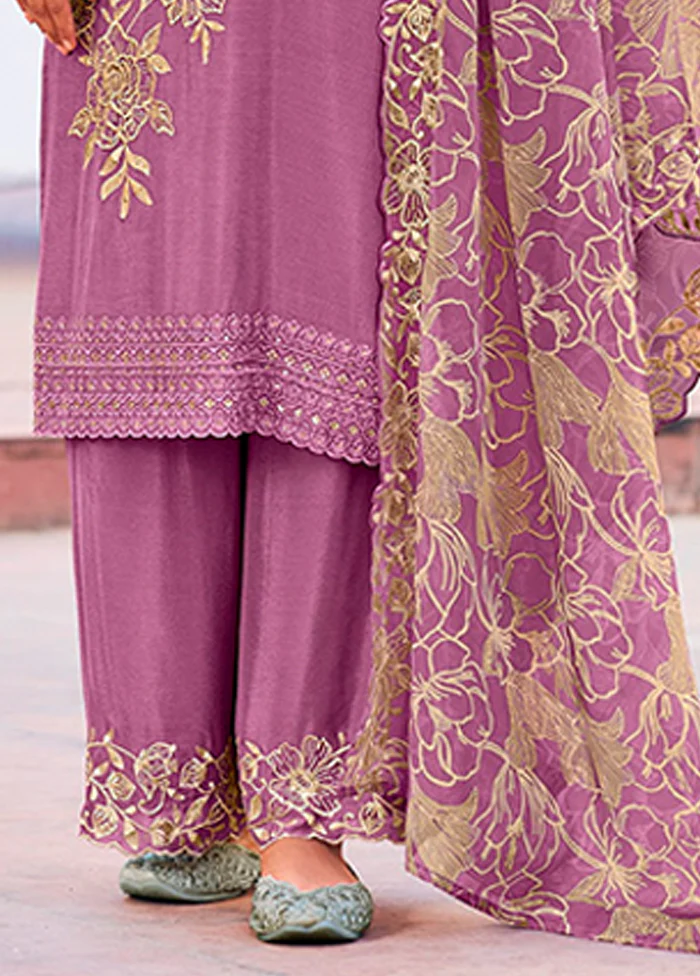 3 Pc Purple Silk Plazzo Suits Set - Image 3
