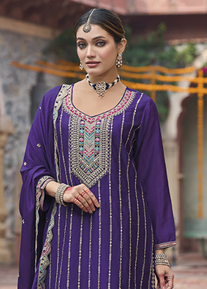 3 Pc Purple Silk Plazzo Suits Set - Image 2