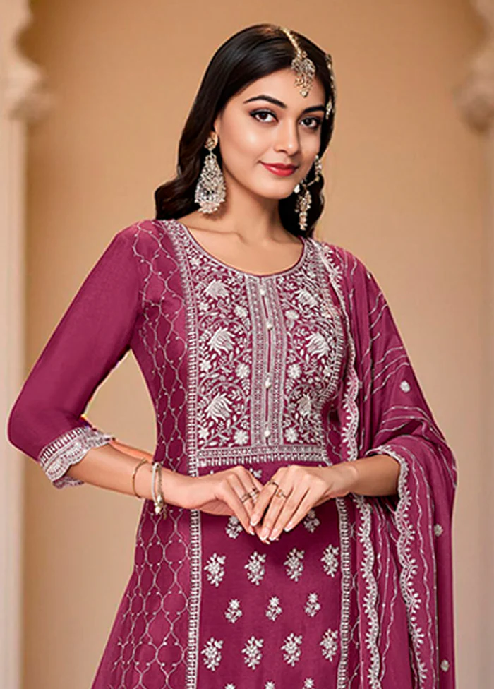 3 Pc Purple Silk Plazzo Suits Set - Image 2