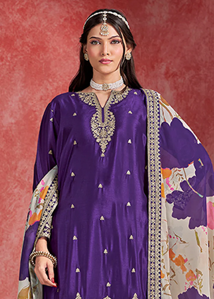 3 Pc Purple Silk Sharara Suits Set - Image 2