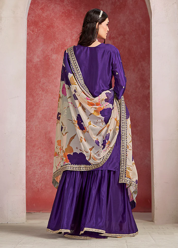 3 Pc Purple Silk Sharara Suits Set - Image 3