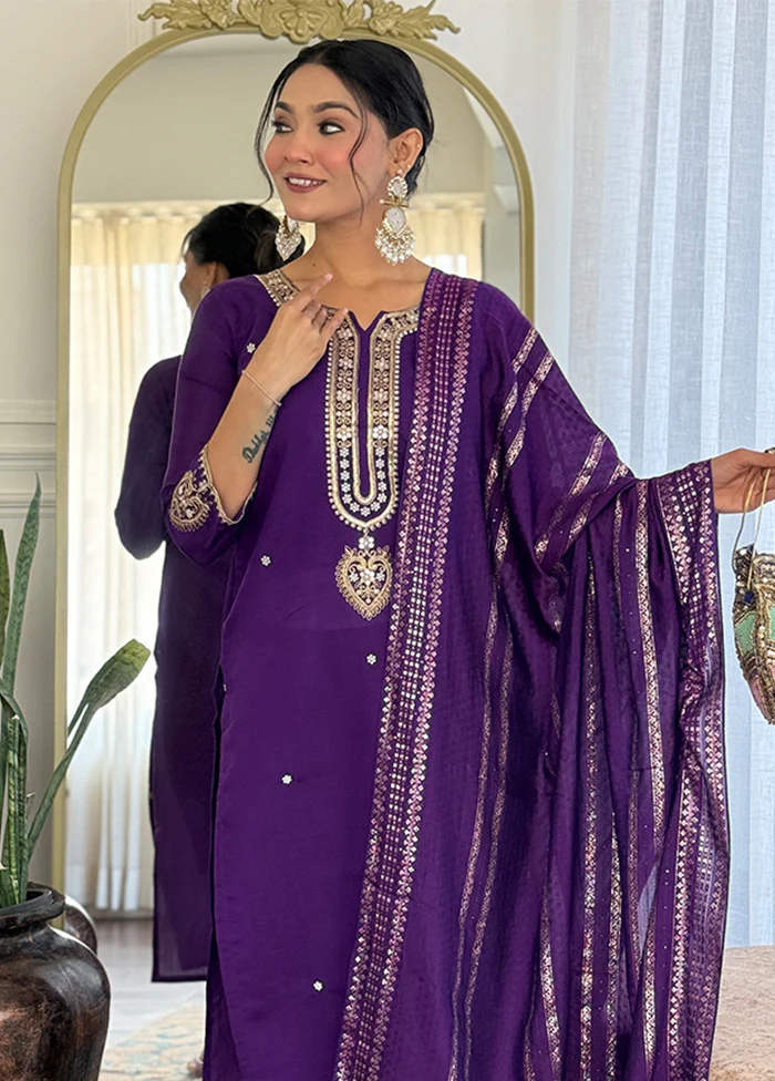 3 Pc Purple Silk Suit Set - Image 3