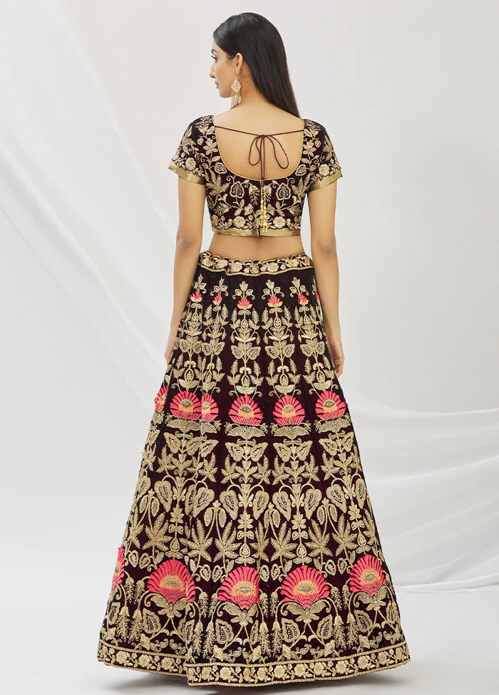 3 Pc Purple Velvet Semi Stitched Lehenga Set - Image 2
