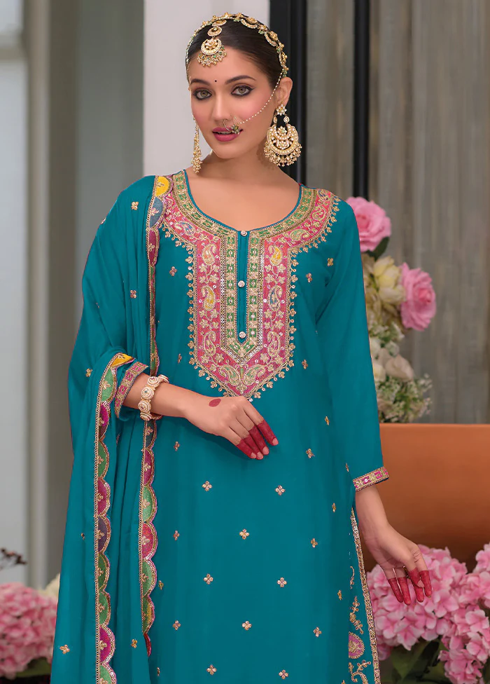 3 Pc Rama Green Semi Stitched Silk Suit Set - Image 2
