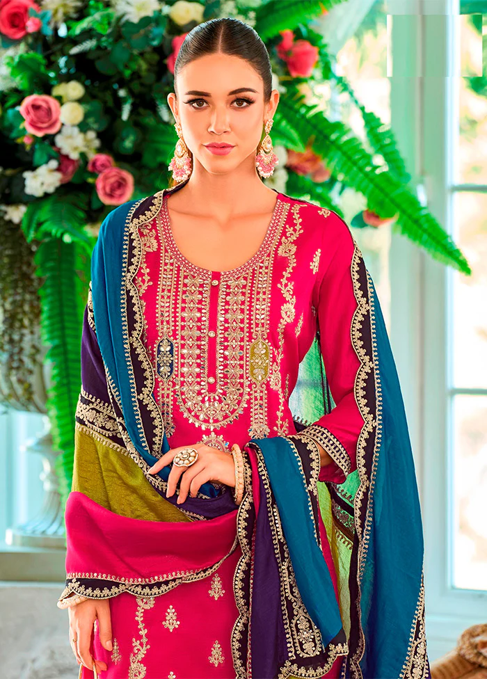 3 Pc Rani Semi Stitched Silk Suit Set - Image 2