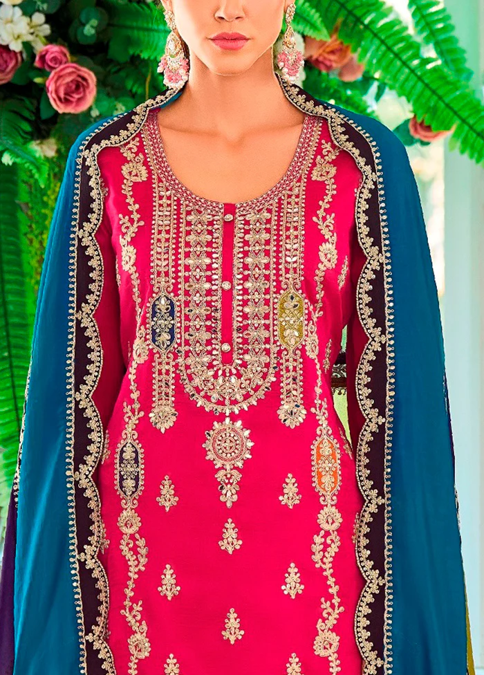 3 Pc Rani Semi Stitched Silk Suit Set - Image 3